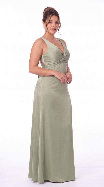 V Neck Twist Satin A Line Maxi Gown - Detail View 2