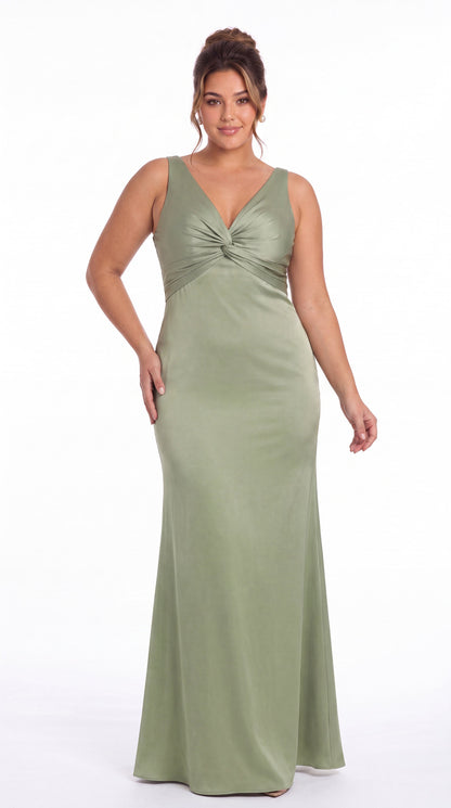 V Neck Twist Satin A Line Maxi Gown - Detail View 3