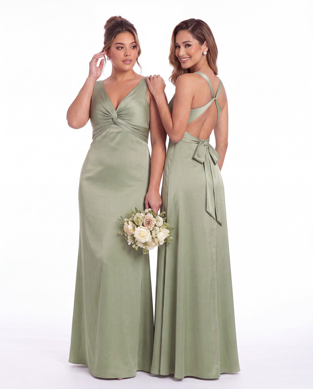 V Neck Twist Satin A Line Maxi Gown - Detail View 4