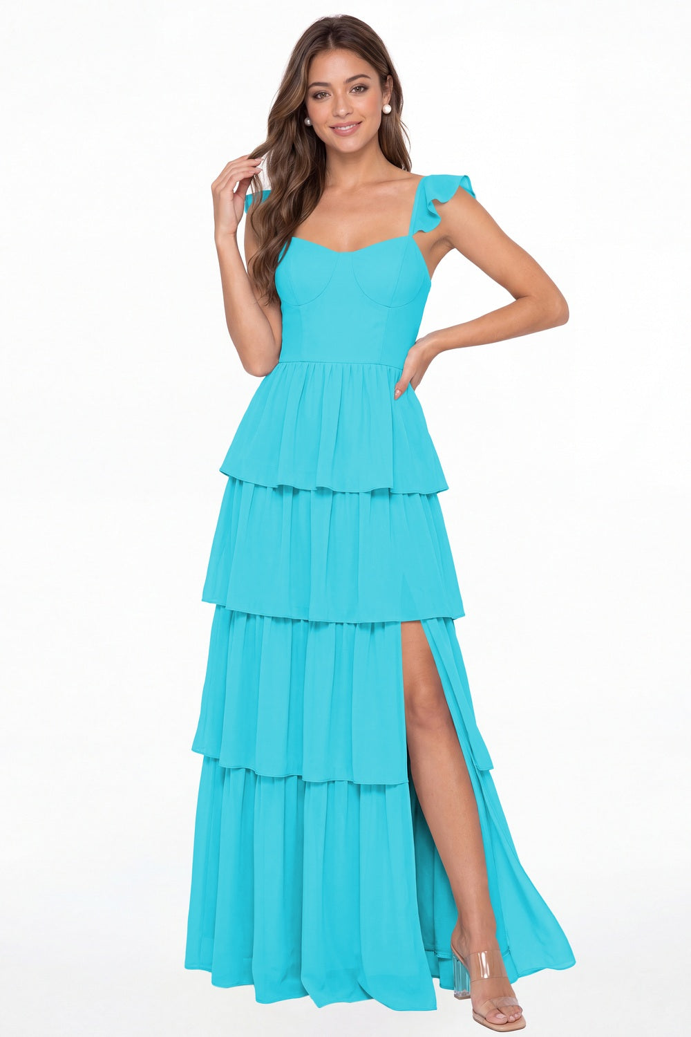 Aqua Blue Square Neck Tiered Chiffon Slit Maxi Bridesmaid Dress - Front View