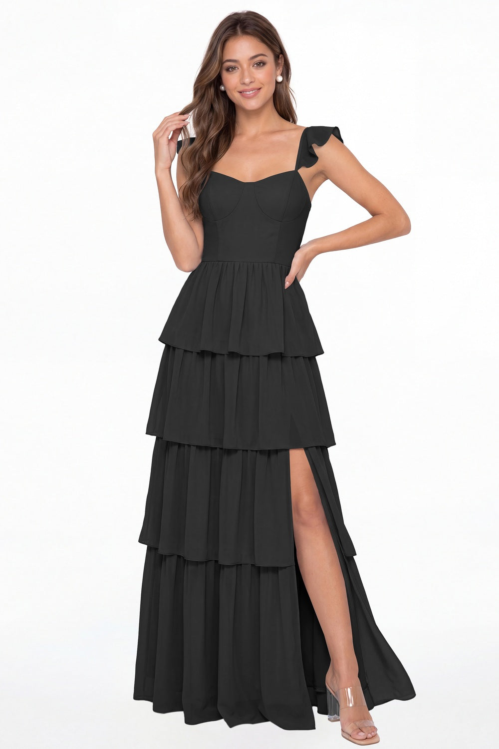 Black Square Neck Tiered Chiffon Slit Maxi Bridesmaid Dress - Front View