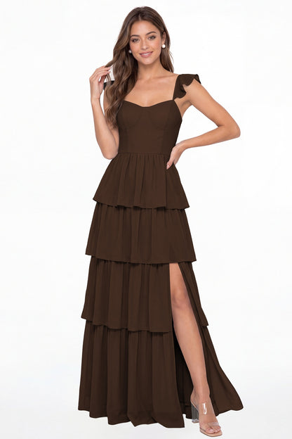 Brown Square Neck Tiered Chiffon Slit Maxi Bridesmaid Dress - Front View