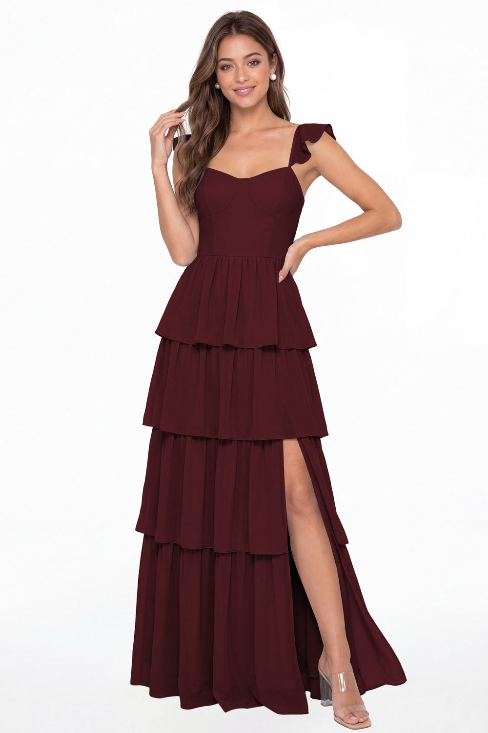 Burgundy Square Neck Tiered Chiffon Slit Maxi Bridesmaid Dress - Front View