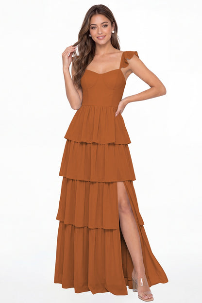 Burnt Orange Square Neck Tiered Chiffon Slit Maxi Bridesmaid Dress - Front View