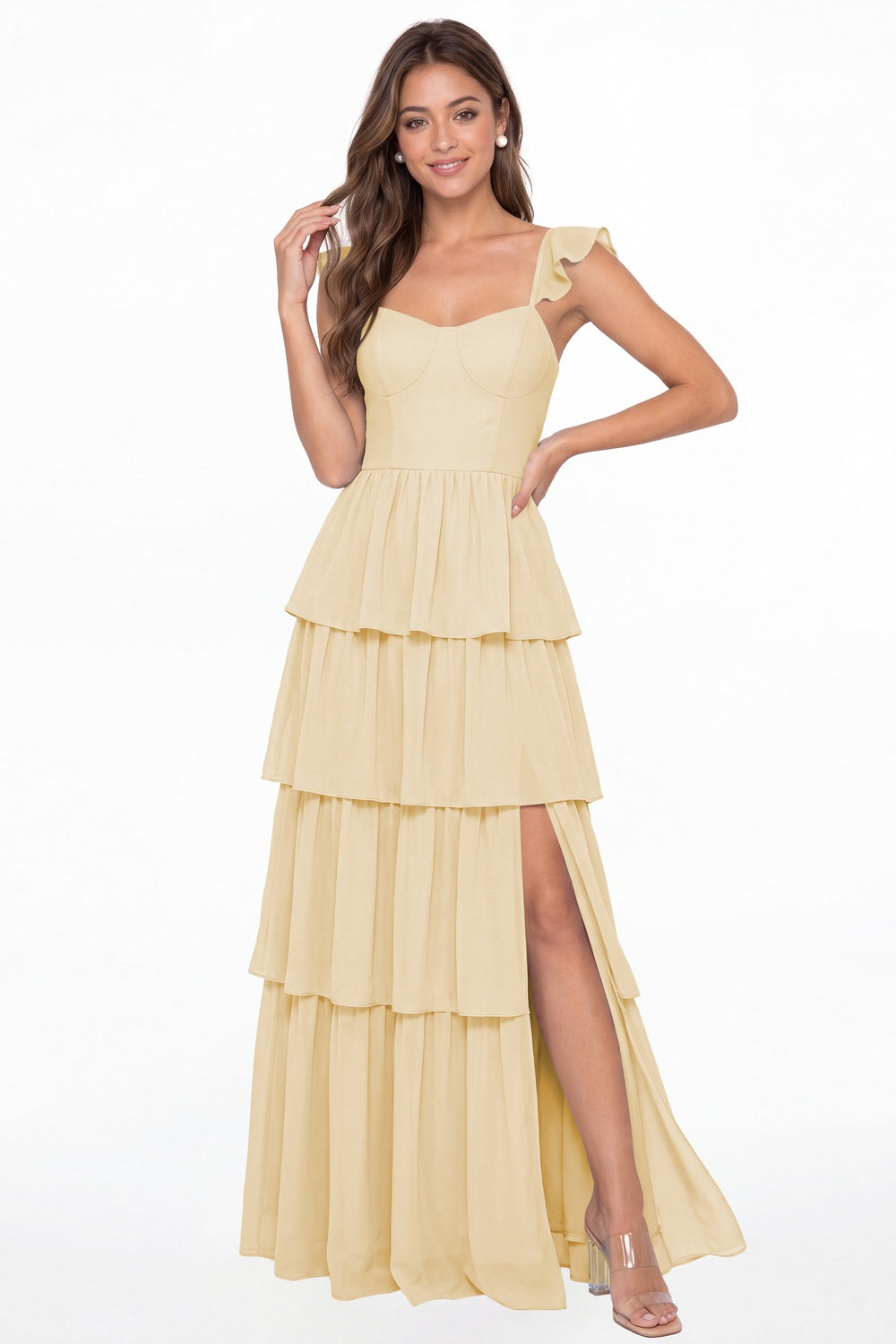 Champagne Square Neck Tiered Chiffon Slit Maxi Bridesmaid Dress - Front View