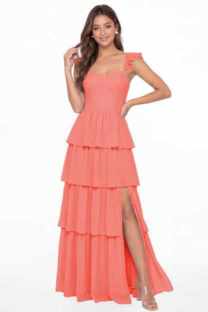 Coral Square Neck Tiered Chiffon Slit Maxi Bridesmaid Dress - Front View