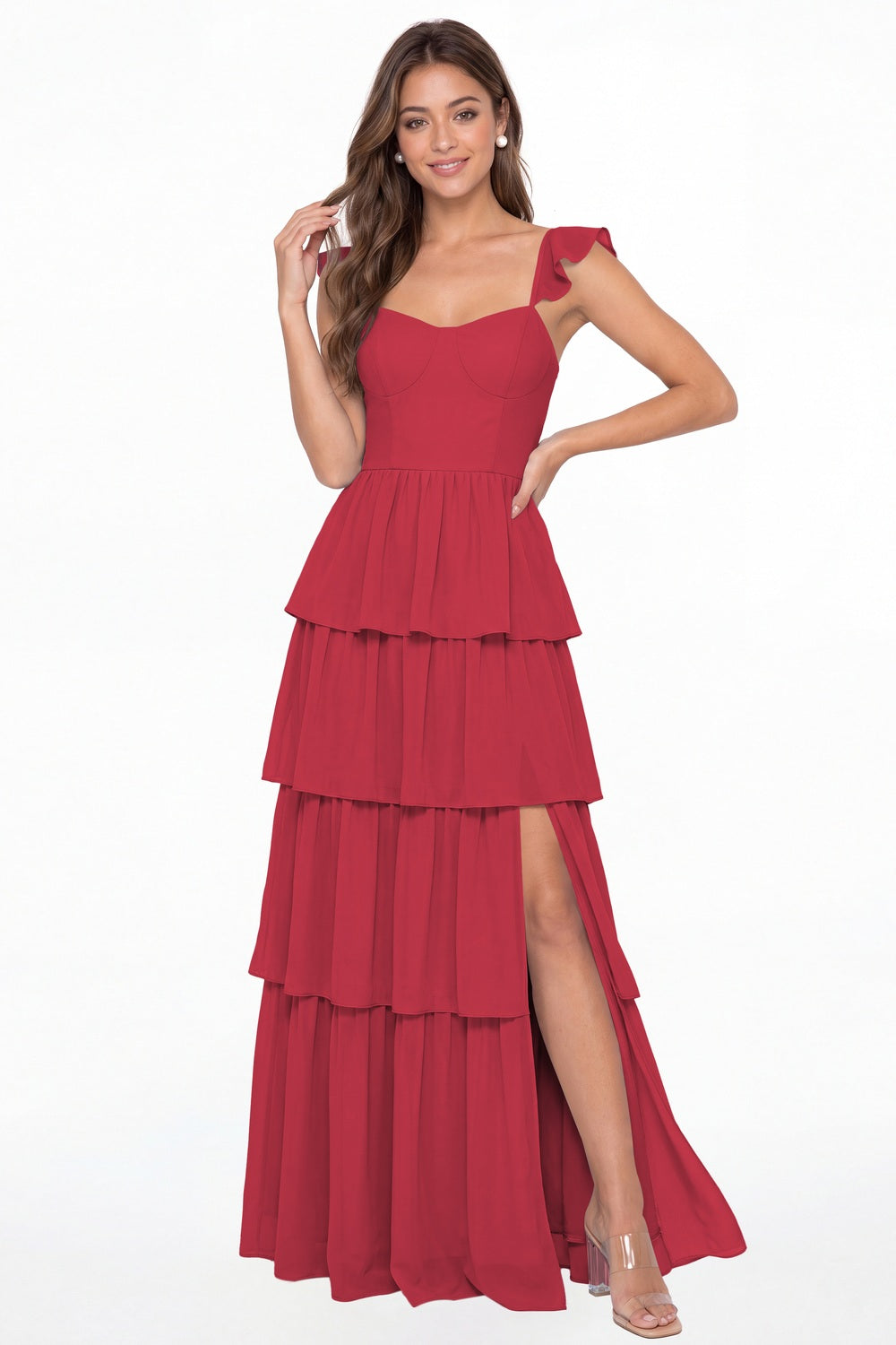 Desert Rose Square Neck Tiered Chiffon Slit Maxi Bridesmaid Dress - Front View