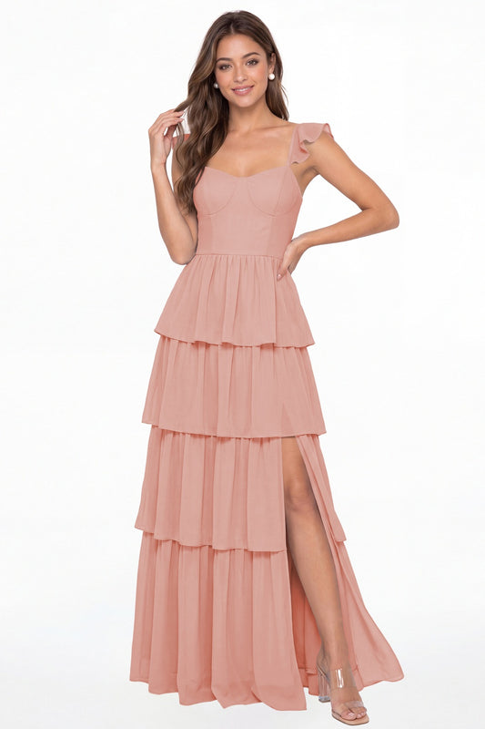 Dusty Rose Square Neck Tiered Chiffon Slit Maxi Bridesmaid Dress - Front View