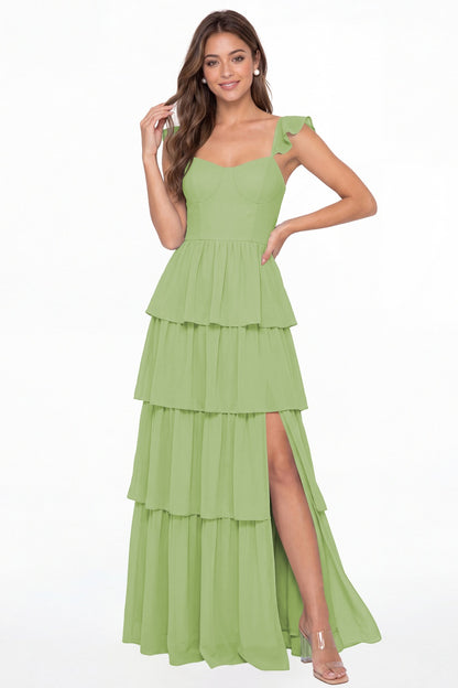 Dusty Sage Square Neck Tiered Chiffon Slit Maxi Bridesmaid Dress - Front View