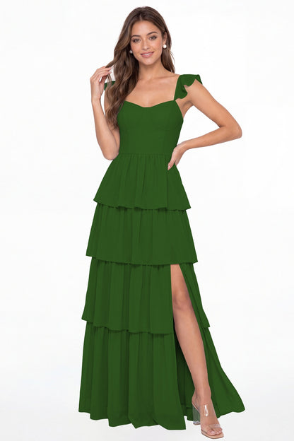 Emerald Green Square Neck Tiered Chiffon Slit Maxi Bridesmaid Dress - Front View