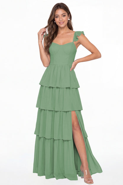 Eucalyptus Square Neck Tiered Chiffon Slit Maxi Bridesmaid Dress - Front View