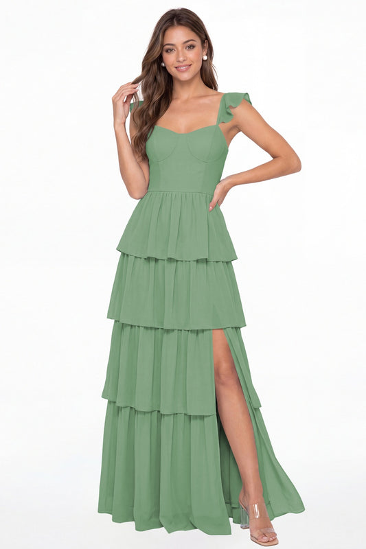 Eucalyptus Square Neck Tiered Chiffon Slit Maxi Bridesmaid Dress - Front View