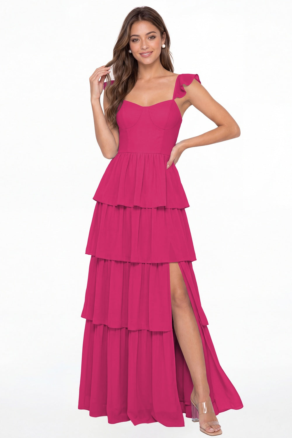 Fuchsia Square Neck Tiered Chiffon Slit Maxi Bridesmaid Dress - Front View