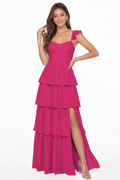 Fuchsia Square Neck Tiered Chiffon Slit Maxi Bridesmaid Dress - Front View