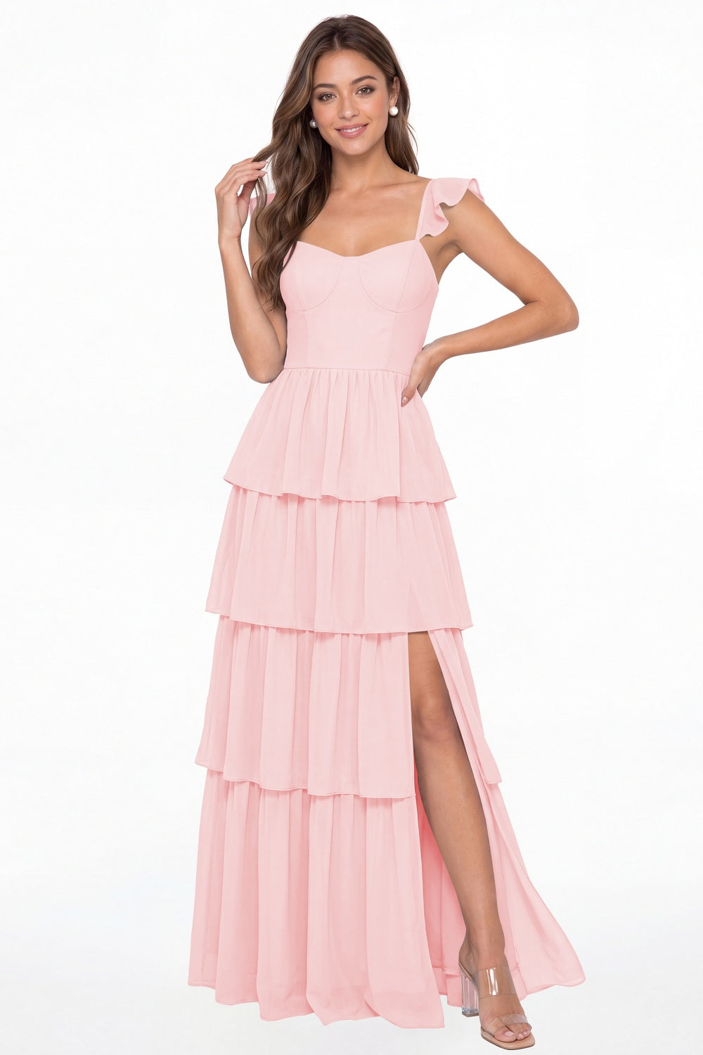 Light Pink Square Neck Tiered Chiffon Slit Maxi Bridesmaid Dress - Front View