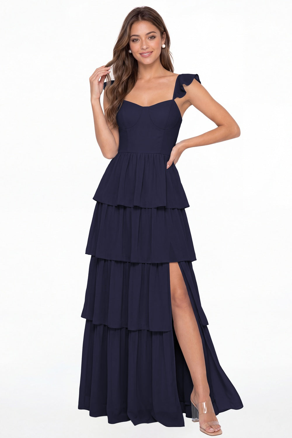 Navy Blue Square Neck Tiered Chiffon Slit Maxi Bridesmaid Dress - Front View