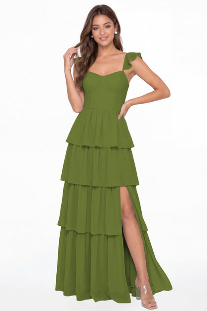 Olive Green Square Neck Tiered Chiffon Slit Maxi Bridesmaid Dress - Front View