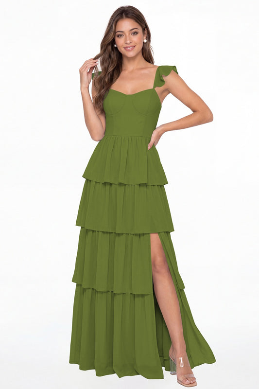 Olive Green Square Neck Tiered Chiffon Slit Maxi Bridesmaid Dress - Front View