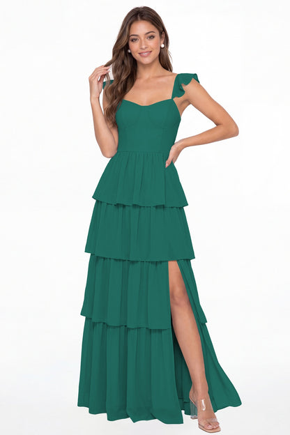 Peacock Square Neck Tiered Chiffon Slit Maxi Bridesmaid Dress - Front View