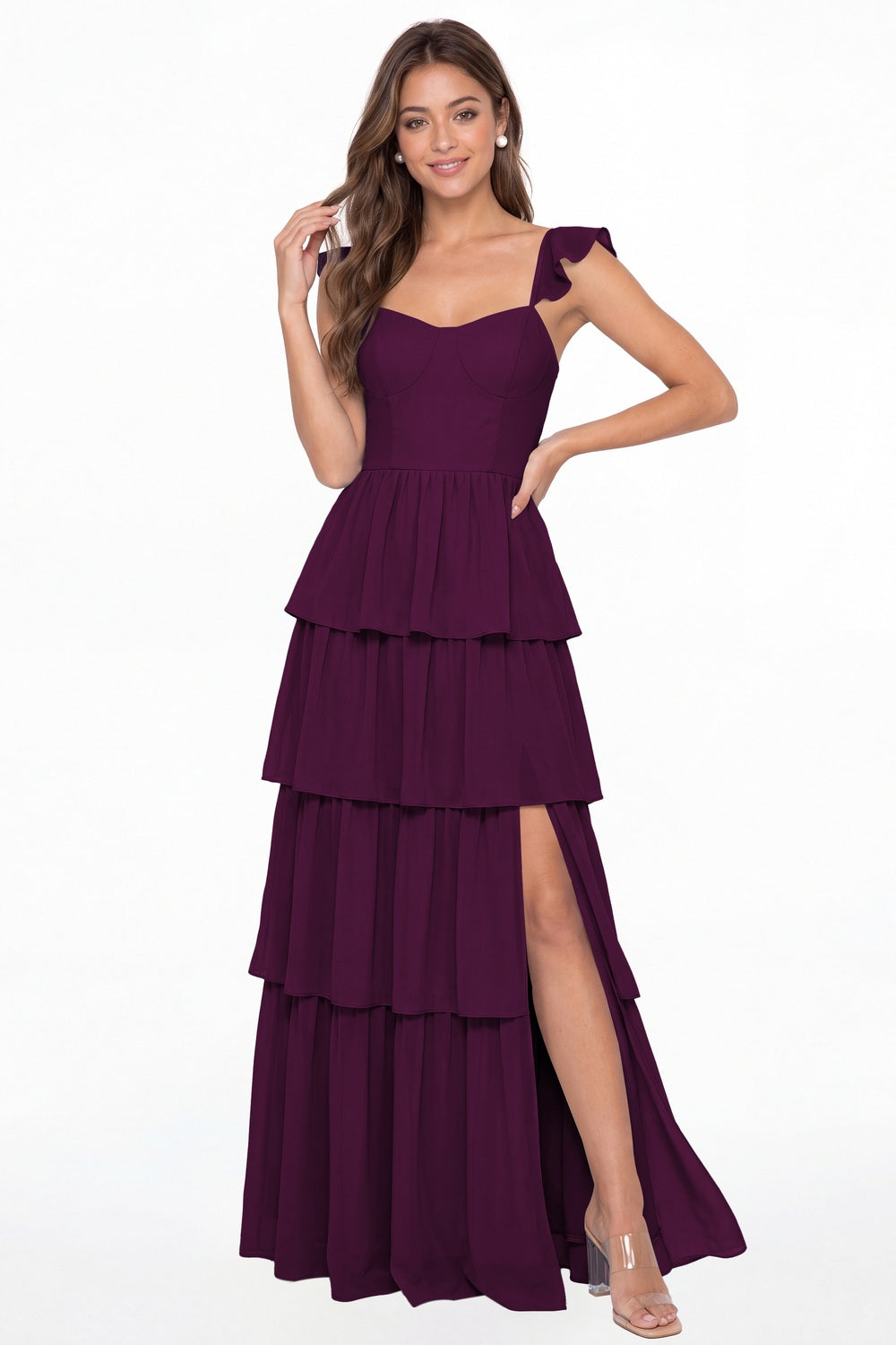 Plum Square Neck Tiered Chiffon Slit Maxi Bridesmaid Dress - Front View