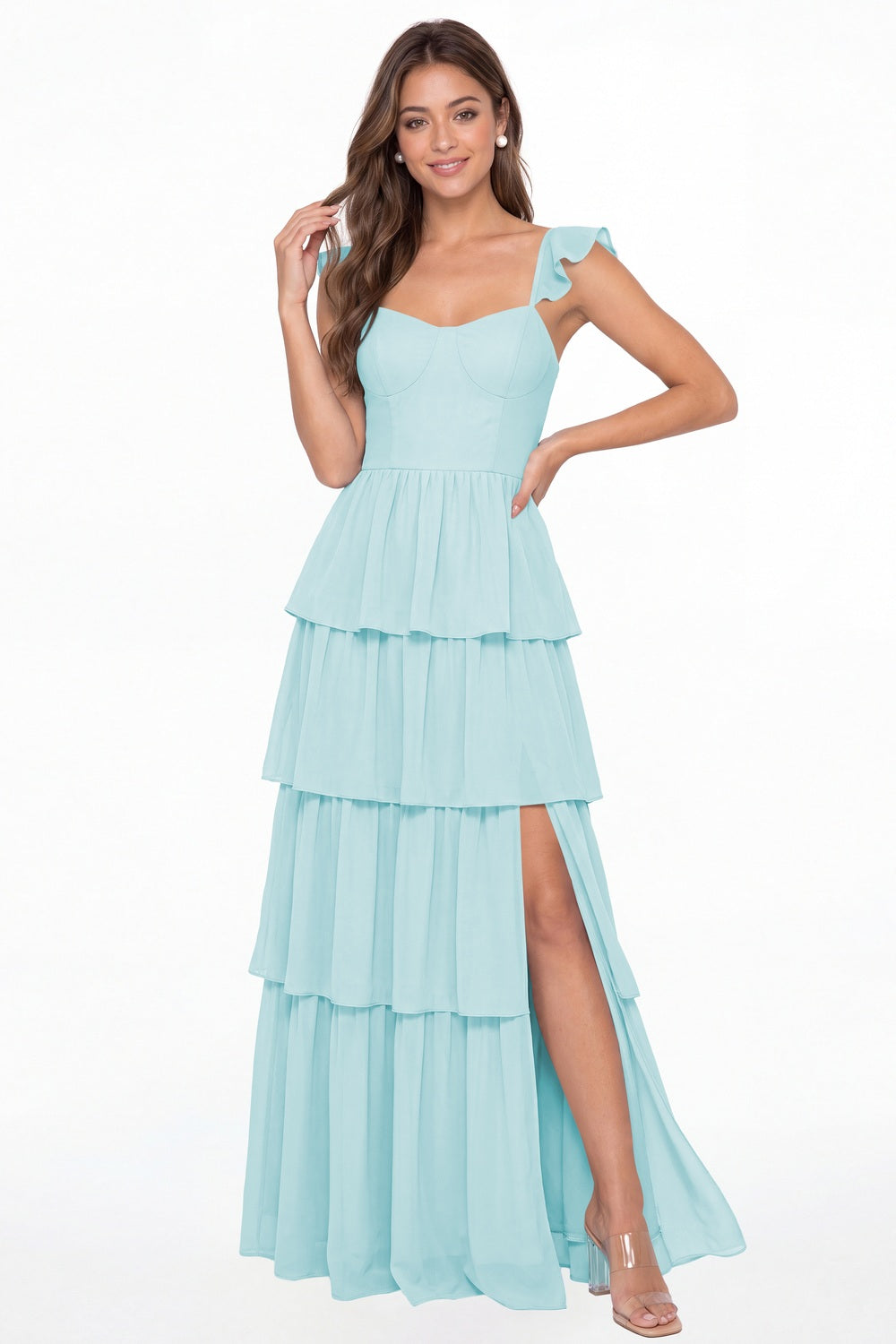 Powder Blue Square Neck Tiered Chiffon Slit Maxi Bridesmaid Dress - Front View