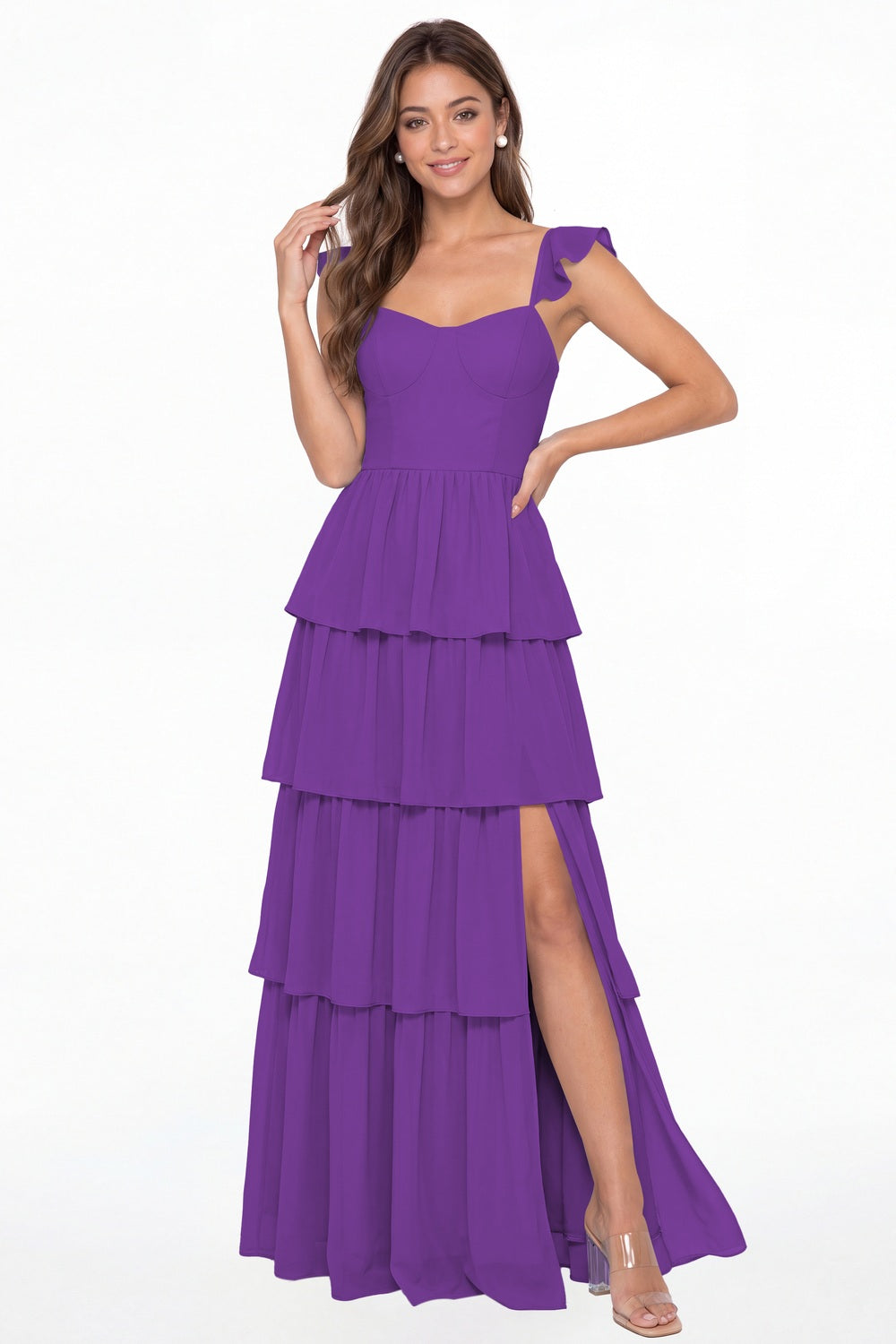 Purple Square Neck Tiered Chiffon Slit Maxi Bridesmaid Dress - Front View