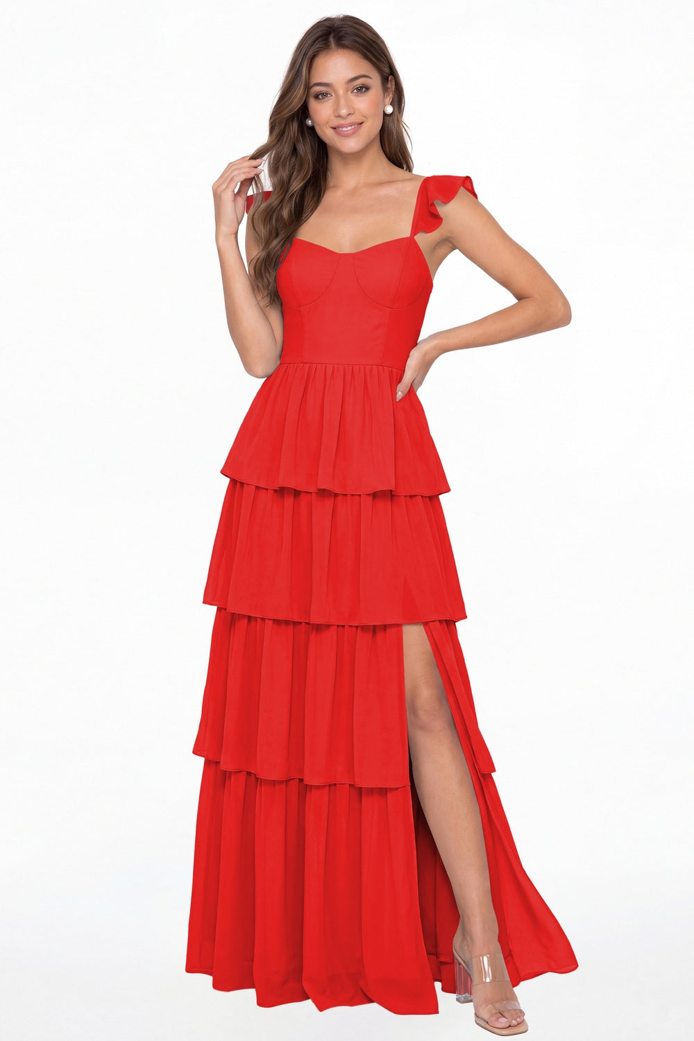 Red Square Neck Tiered Chiffon Slit Maxi Bridesmaid Dress - Front View