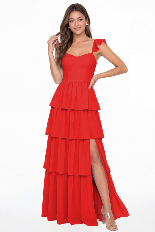 Red Square Neck Tiered Chiffon Slit Maxi Bridesmaid Dress - Front View