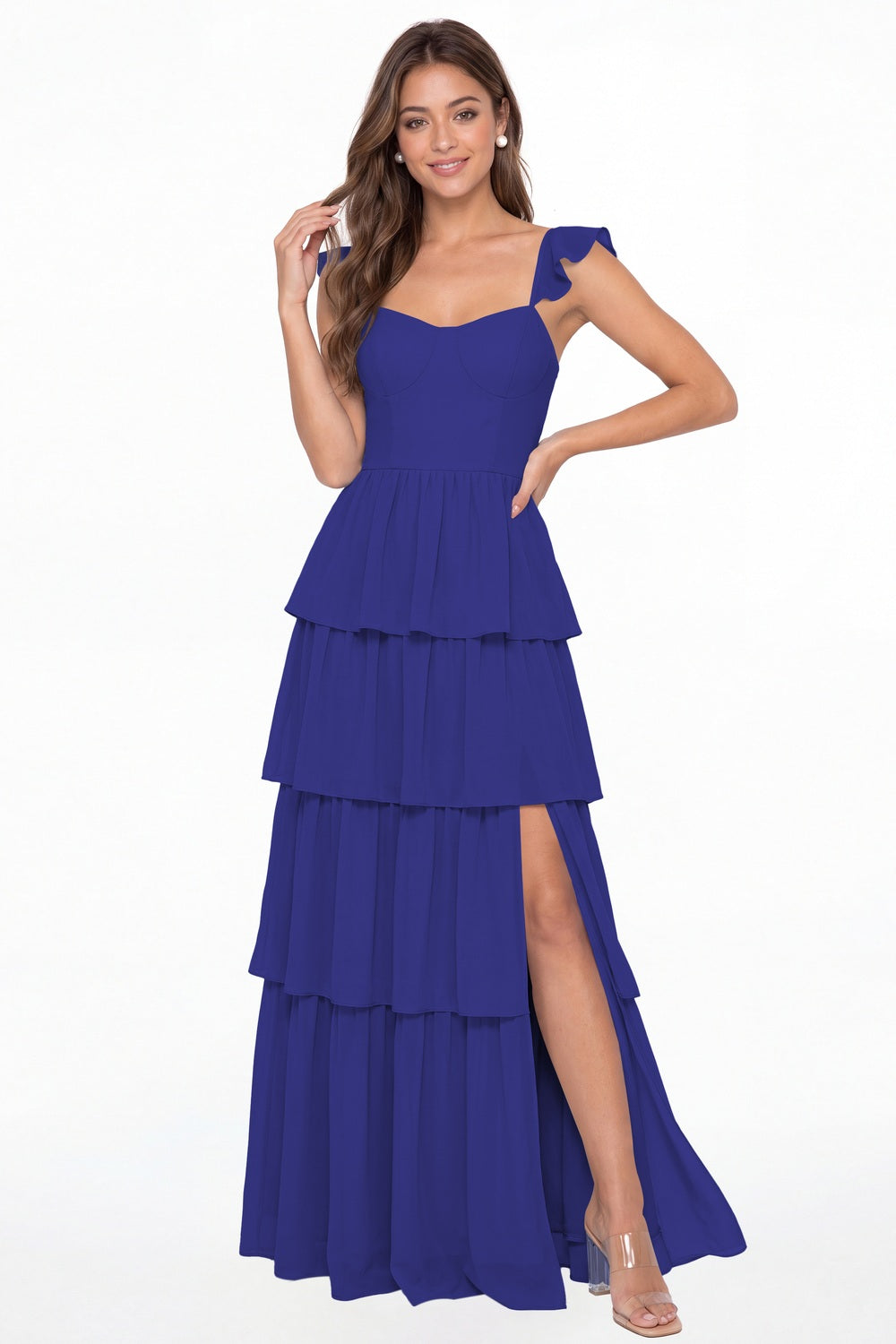 Royal Blue Square Neck Tiered Chiffon Slit Maxi Bridesmaid Dress - Front View