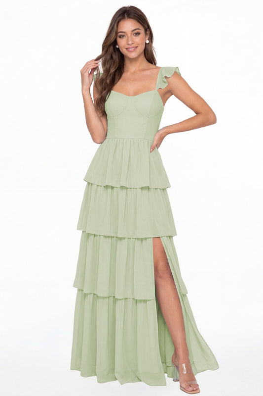 Sage Green Square Neck Tiered Chiffon Slit Maxi Bridesmaid Dress - Front View