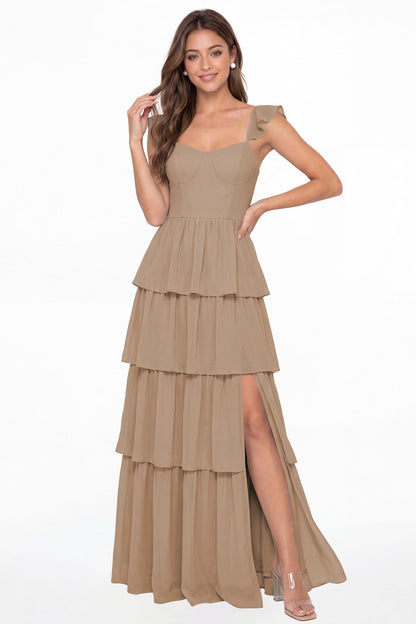 Taupe Square Neck Tiered Chiffon Slit Maxi Bridesmaid Dress - Front View