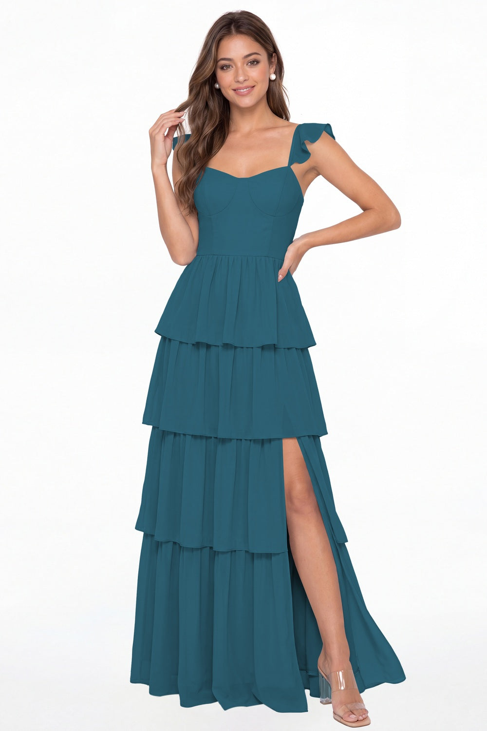 Teal Square Neck Tiered Chiffon Slit Maxi Bridesmaid Dress - Front View