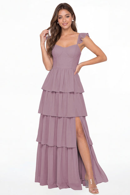 Wisteria Square Neck Tiered Chiffon Slit Maxi Bridesmaid Dress - Front View