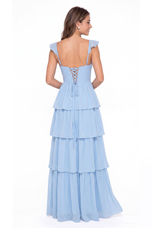 Aqua Blue Square Neck Tiered Chiffon Slit Maxi Bridesmaid Dress - Front View