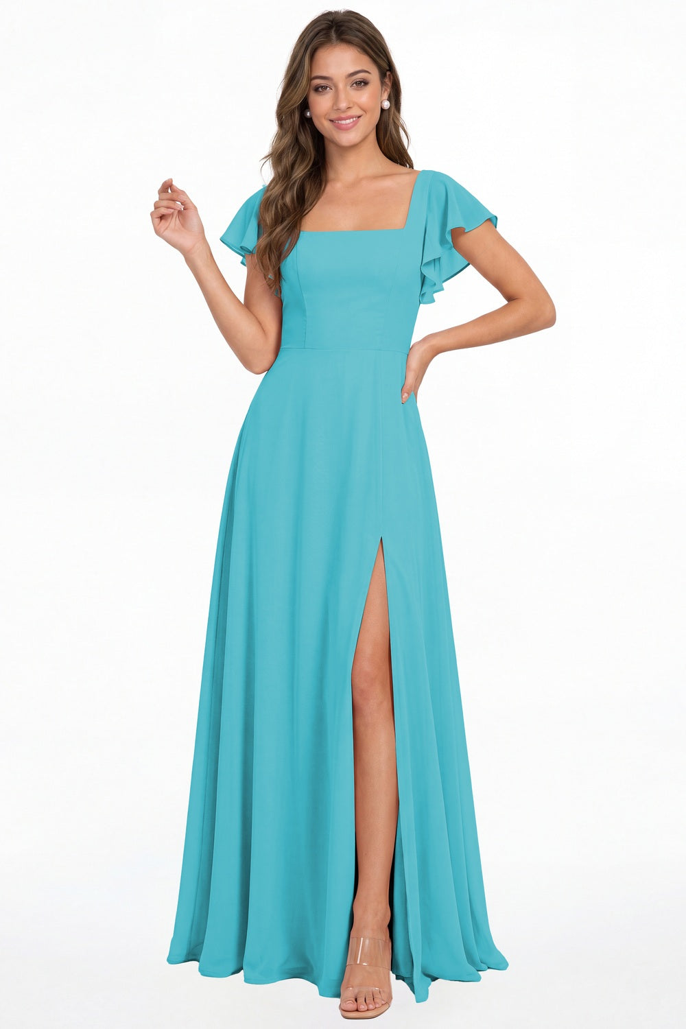 Aqua Blue Square Neck Flutter Sleeve Chiffon Slit Maxi Dress - Front View
