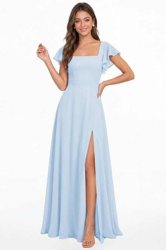 Baby Blue Square Neck Flutter Sleeve Chiffon Slit Maxi Dress - Front View