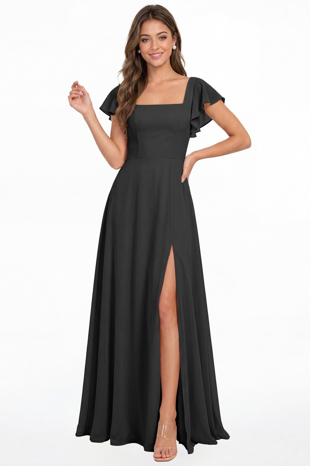 Black Square Neck Flutter Sleeve Chiffon Slit Maxi Dress - Front View