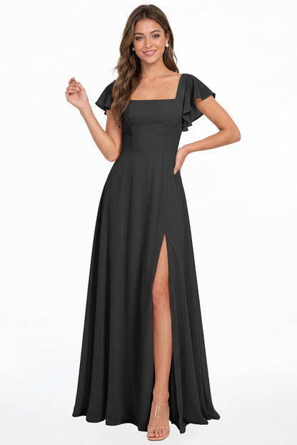 Black Square Neck Flutter Sleeve Chiffon Slit Maxi Dress - Front View