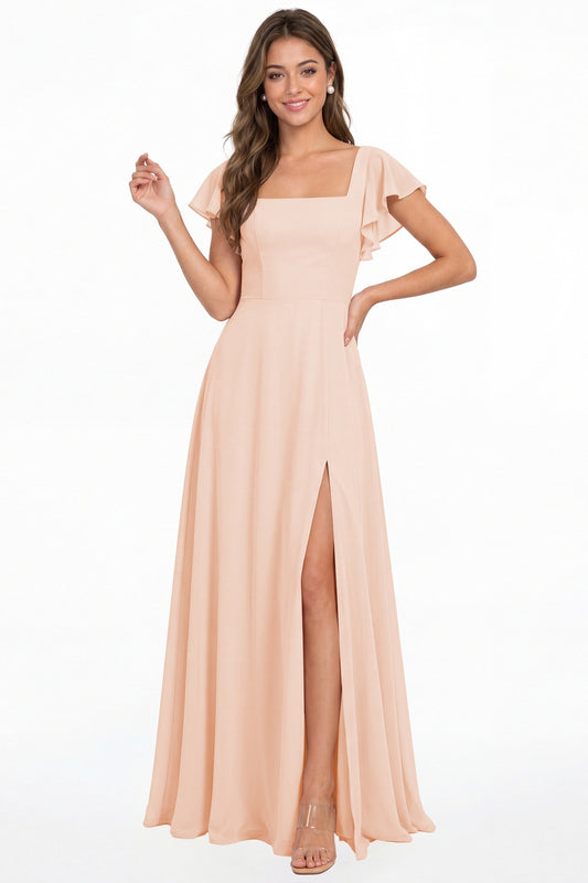 Blush Pink Square Neck Flutter Sleeve Chiffon Slit Maxi Dress - Front View