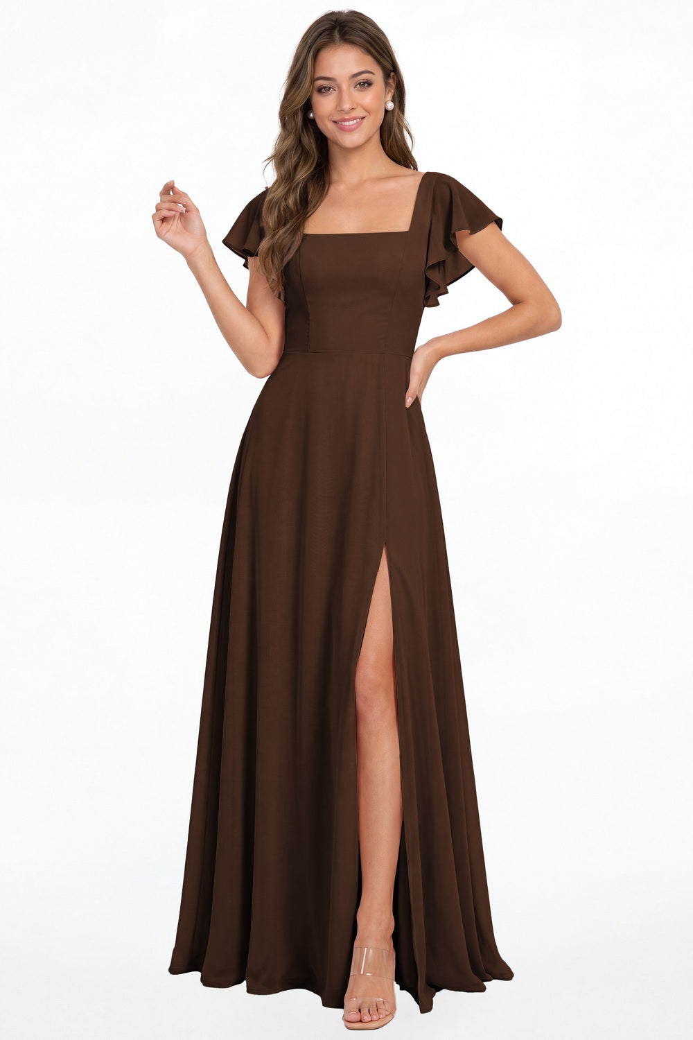 Brown Square Neck Flutter Sleeve Chiffon Slit Maxi Dress - Front View