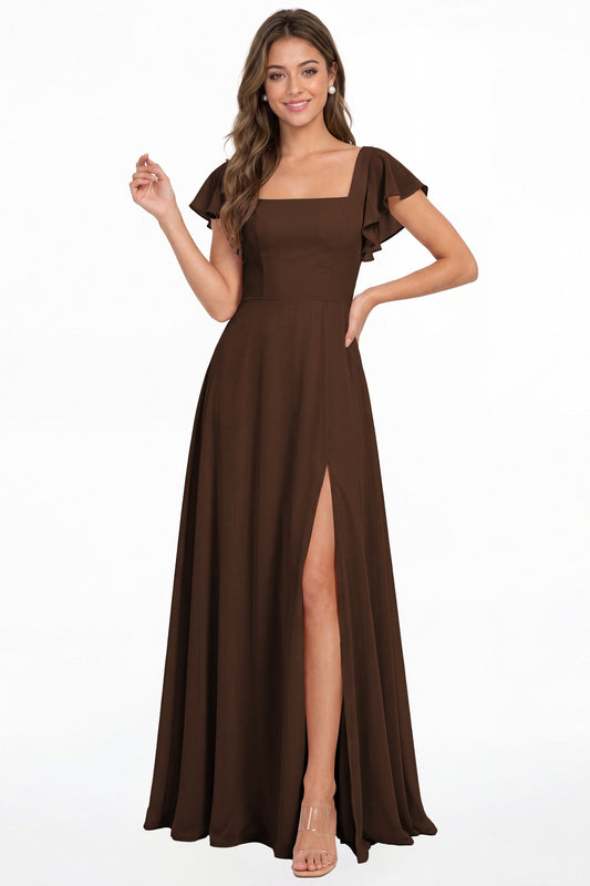 Brown Square Neck Flutter Sleeve Chiffon Slit Maxi Dress - Front View