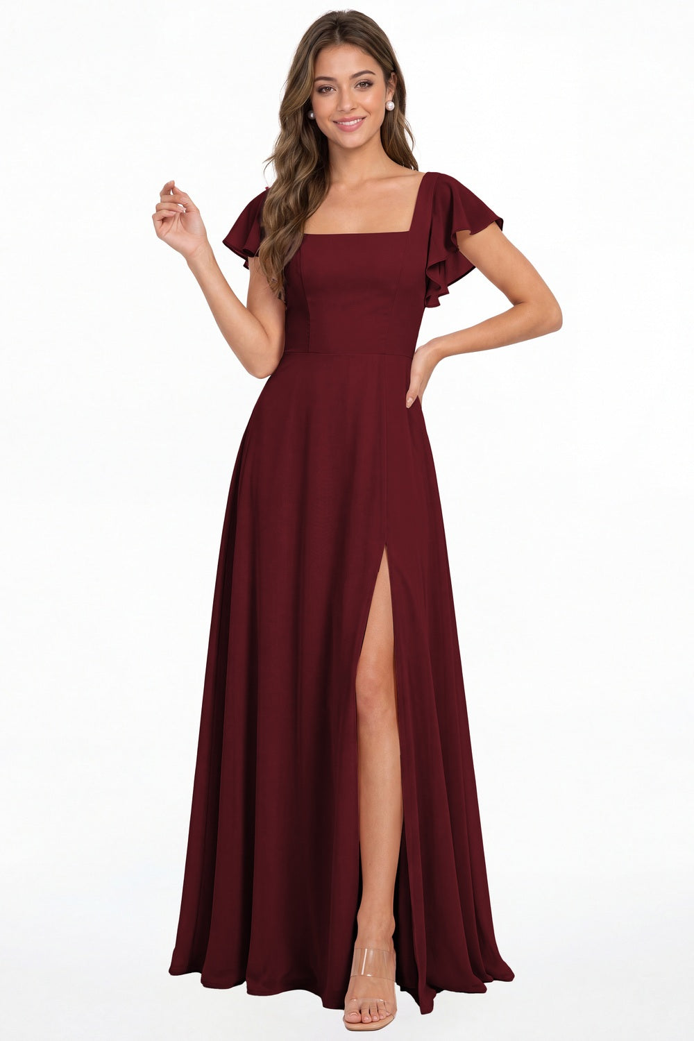 Burgundy Square Neck Flutter Sleeve Chiffon Slit Maxi Dress - Front View