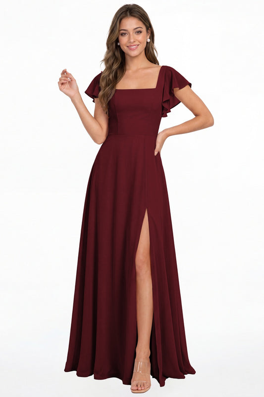 Burgundy Square Neck Flutter Sleeve Chiffon Slit Maxi Dress - Front View