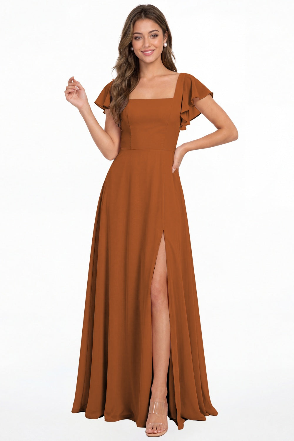 Burnt Orange Square Neck Flutter Sleeve Chiffon Slit Maxi Dress - Front View