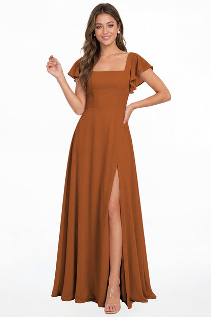 Burnt Orange Square Neck Flutter Sleeve Chiffon Slit Maxi Dress - Front View