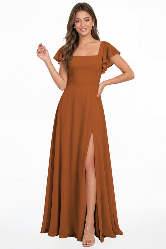 Burnt Orange Square Neck Flutter Sleeve Chiffon Slit Maxi Dress - Front View