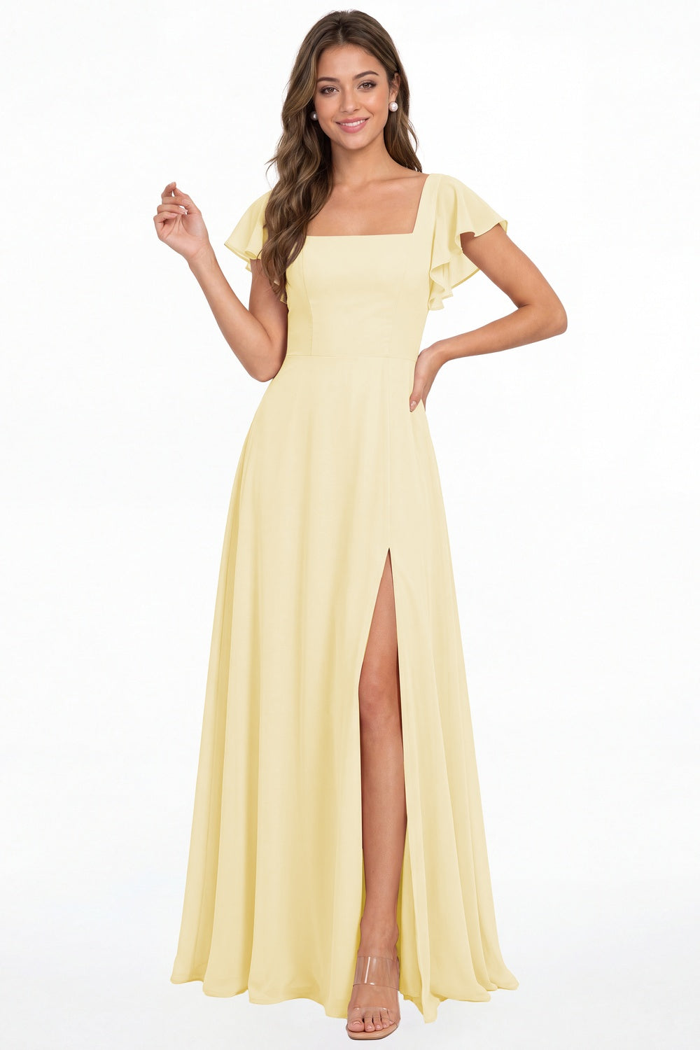 Butter Yellow Square Neck Flutter Sleeve Chiffon Slit Maxi Dress - Front View