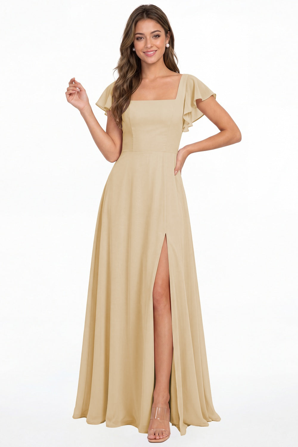 Champagne Square Neck Flutter Sleeve Chiffon Slit Maxi Dress - Front View