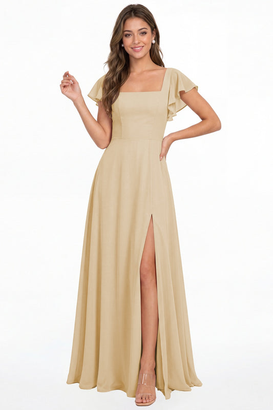 Champagne Square Neck Flutter Sleeve Chiffon Slit Maxi Dress - Front View