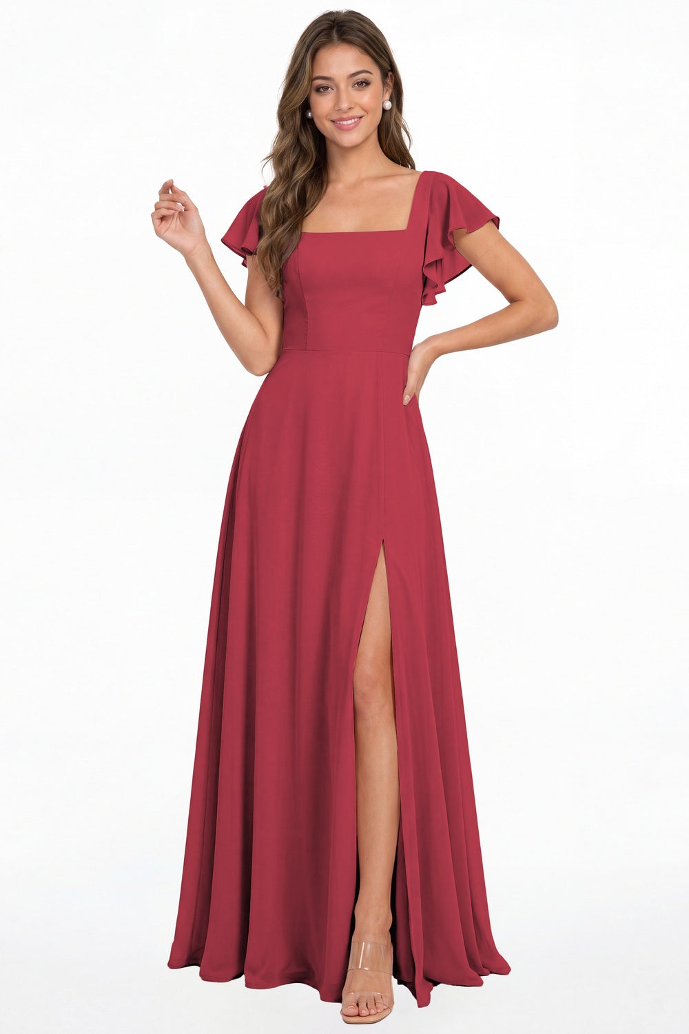 Desert Rose Square Neck Flutter Sleeve Chiffon Slit Maxi Dress - Front View